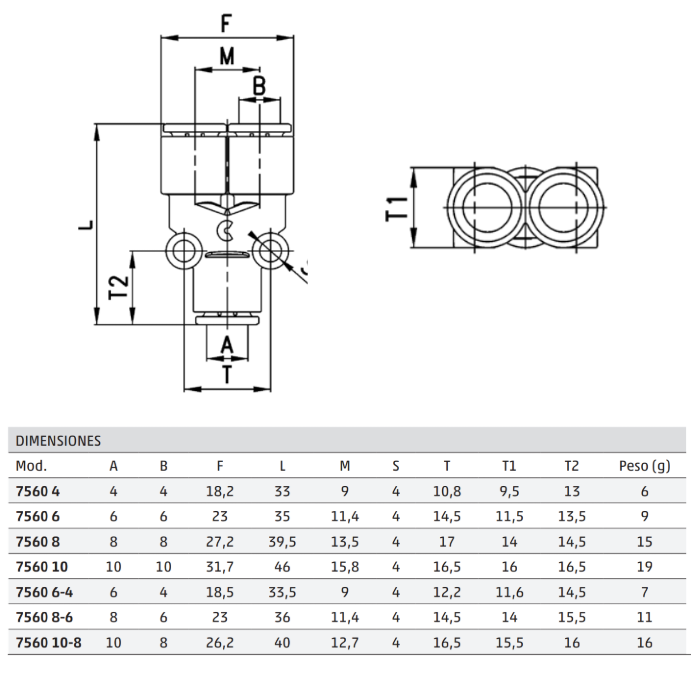 Y Intermedia Reduc. Mod.7560 ENTR.Tubo-8 Sal.Tubo-6