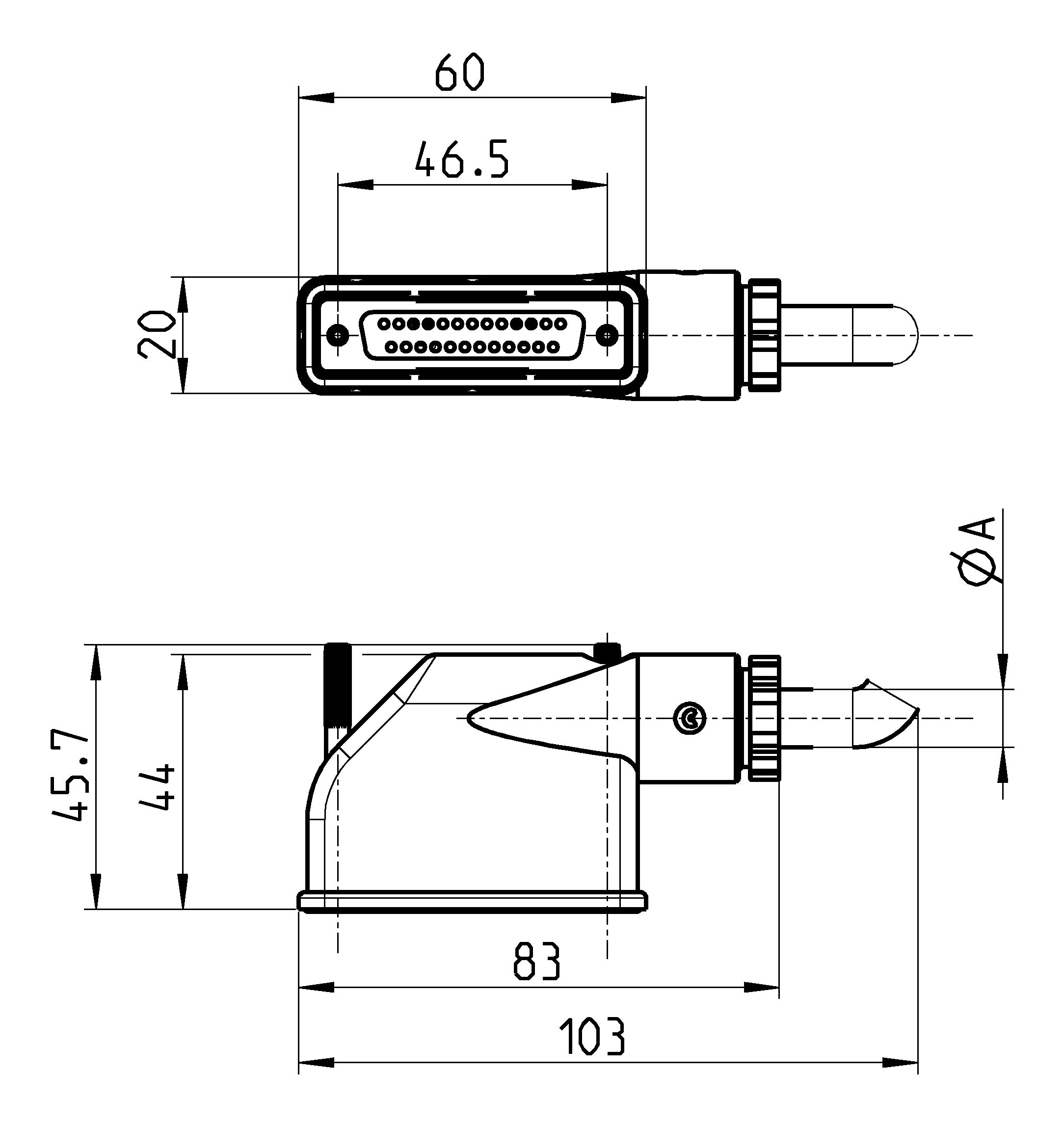 Conector hembra de angulo recto Sub-D con cable radial G3X1-3