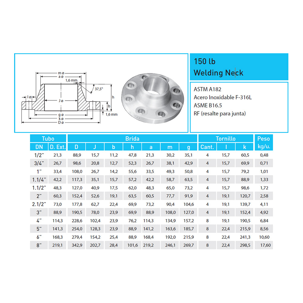 Brida Welding Neck 150lb Acero Inoxidable F-316L