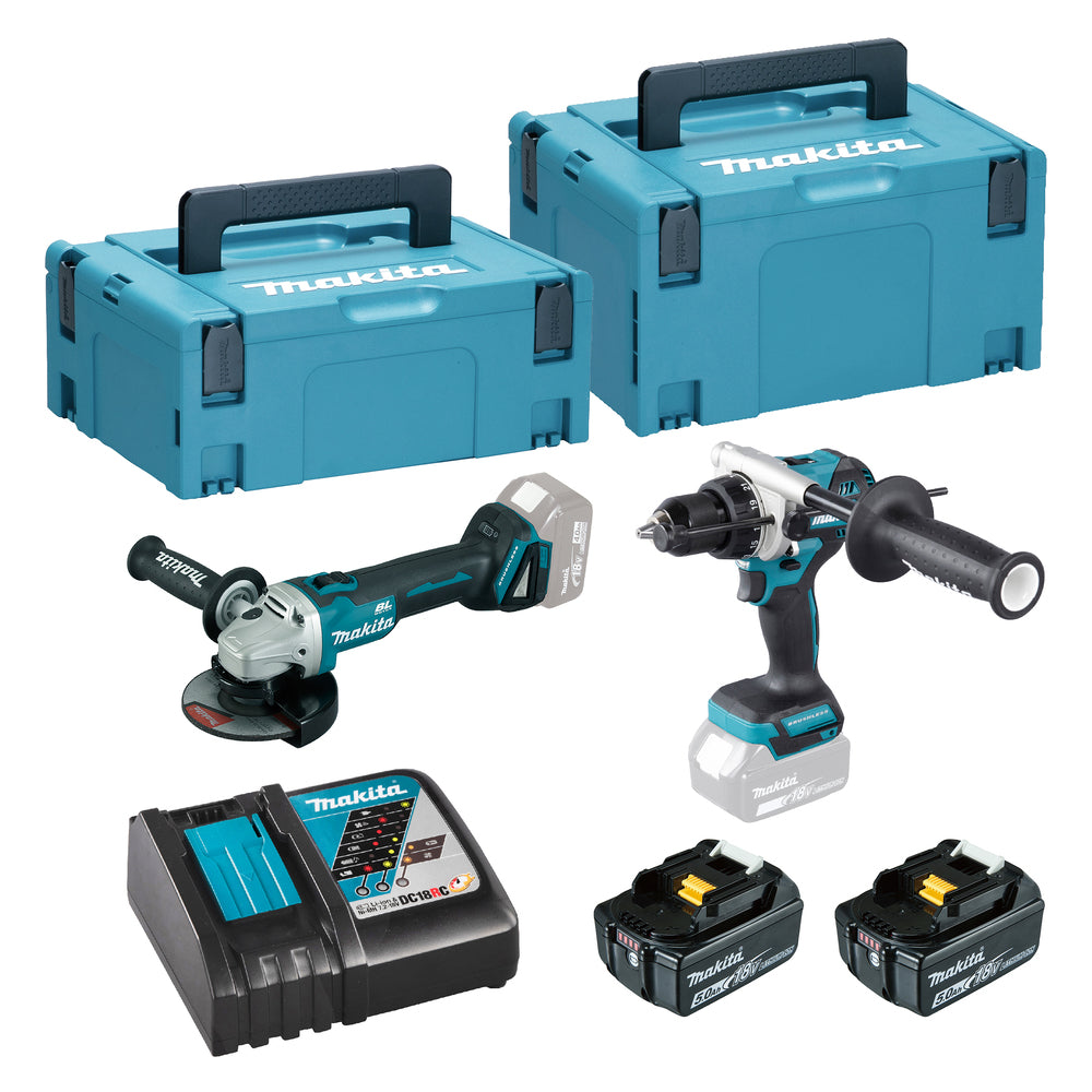 Combo Makita DLX2413TJ de Taladro Percutor DHP486 y Amoladora DGA504