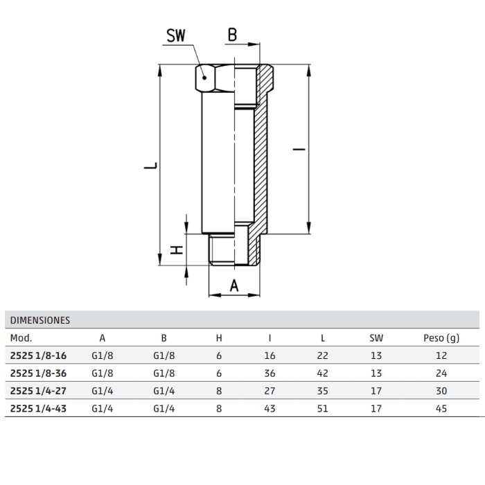 Racord Extensión macho BSP Latón Niquelado 2525