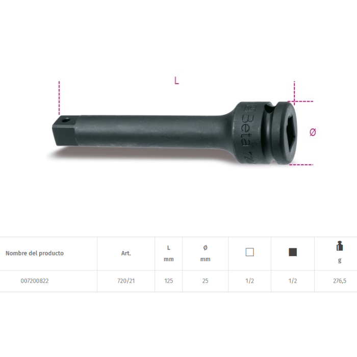 Alargadera de impacto con cuadrado macho y hembra 1/2” Beta