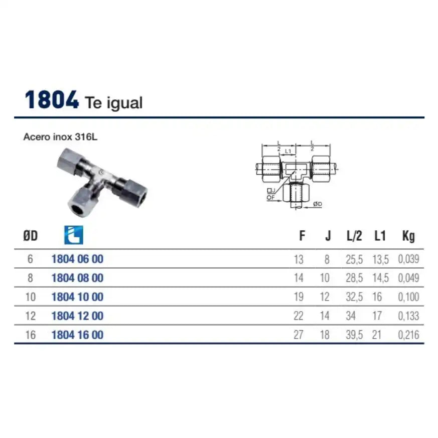Racores de entrada Te igual acero inoxidable Legris 1804