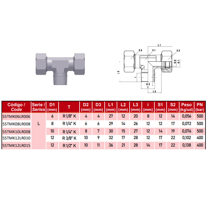 Te macho con rosca BSP cónica DIN 2353 inox A-316