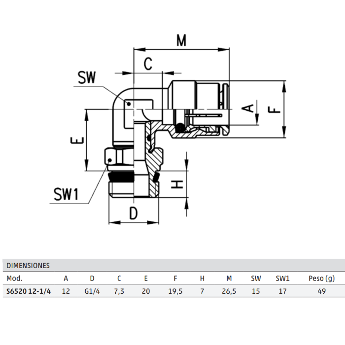 Codo Macho Giratorio Mod.S6520 Tubo-12 Rosca-1/4