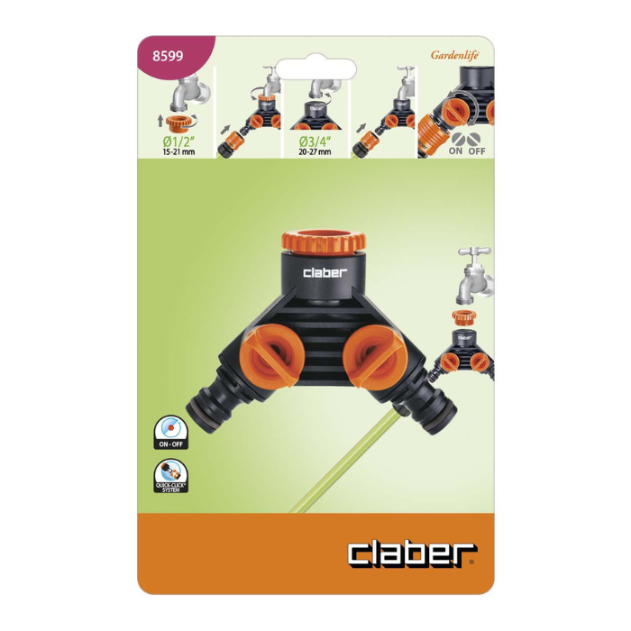 Conector de Doble Toma Claber 2 Vías | 1/2" y 3/4" | Cód. 8599