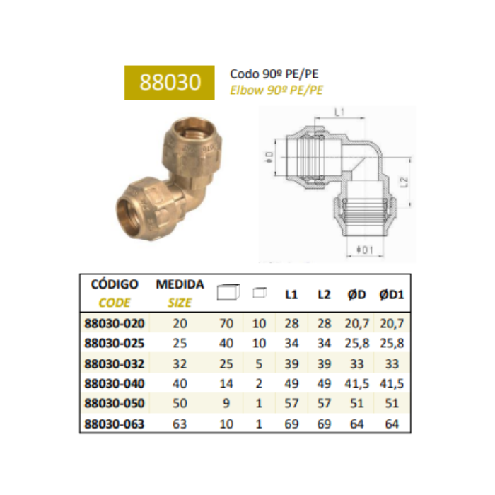 Codo 90º Igual Latón Compresión para Tubo PE | MT 88030