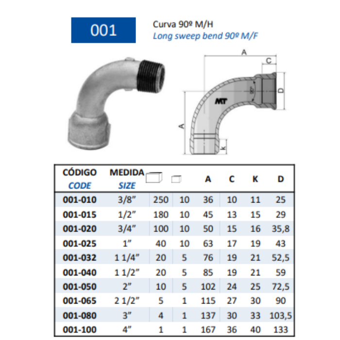 Curva 90º Galvanizada Macho-Hembra | Hierro Maleable | ISO 7/1
