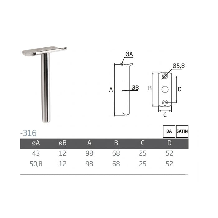 Soporte Pasamanos Inoxidable AISI-316 Brillo Ø50,8 mm | Modelo BF-R BA