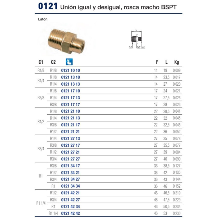 Unión Macho BSPT Legris 0121 | Reducción y Unión Igual Latón