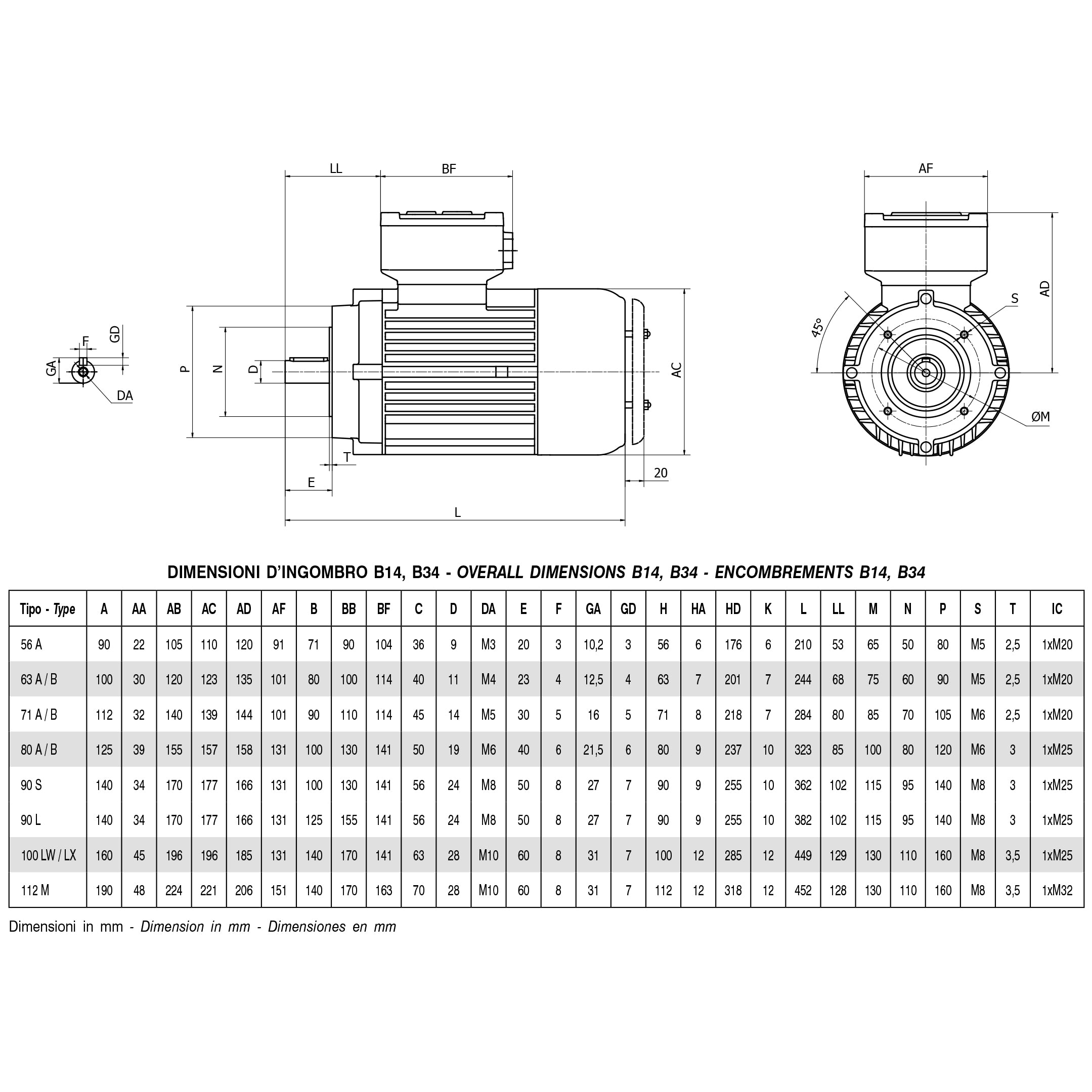 Motor Trifásico Euromotori IE2 Ex db B14 1500rpm 2/4 Polos 0,18kW 0,25CV 63B