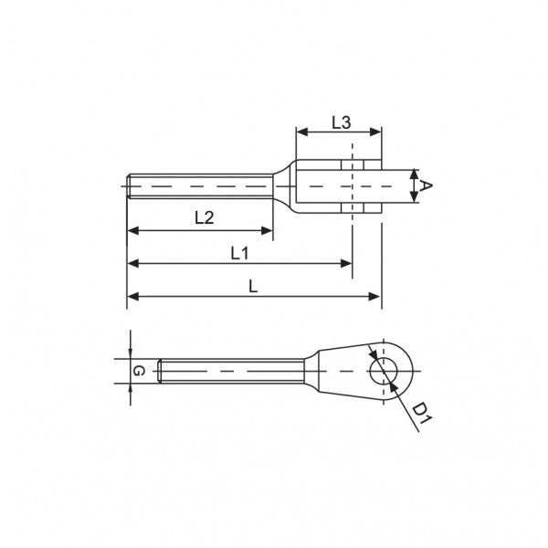 Terminal horquilla rosca externa izquierda M-8 inox A-316