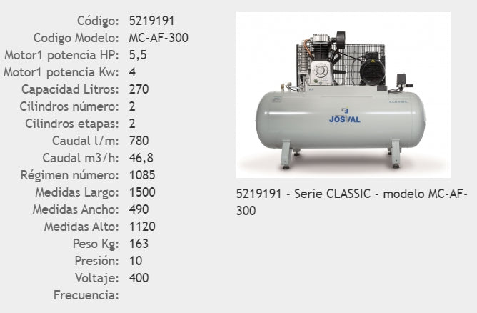 COMPRESOR DE PISTÓN JOSVAL CLASSIC MC-AF-300 5,5CV 400V