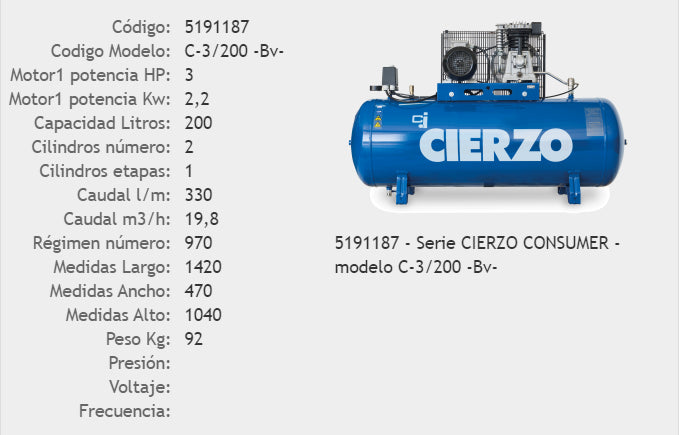 COMPRESOR PISTON JOSVAL CIERZO C-3/200T 3CV 2/3