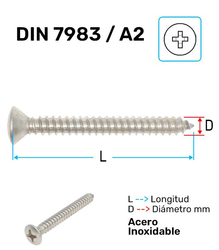 Tornillo Rosca Chapa Avellanado Acero Inoxidable A-2 D-7983