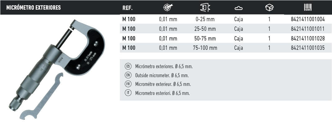 Micrómetro de Exteriores con precisión de 0,01 mm 0-25mm