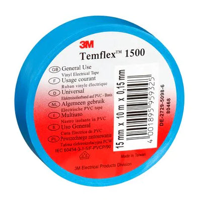 Cinta aislante de PVC 3M TEMFLEX 19MMX20MTX0,15MM AZUL