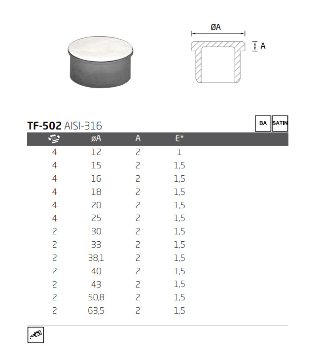 Tapón plano pulido TF-502 A-316 D-20