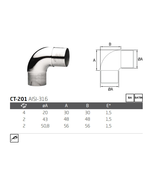 Codo conector 90º CT-201 A-316 BA 20