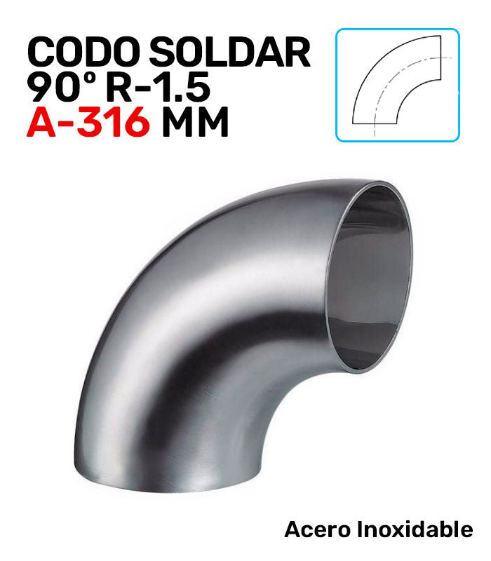 Codo de Acero Inoxidable A-316 90º Soldar R-1.5 de Serie Milimétrica