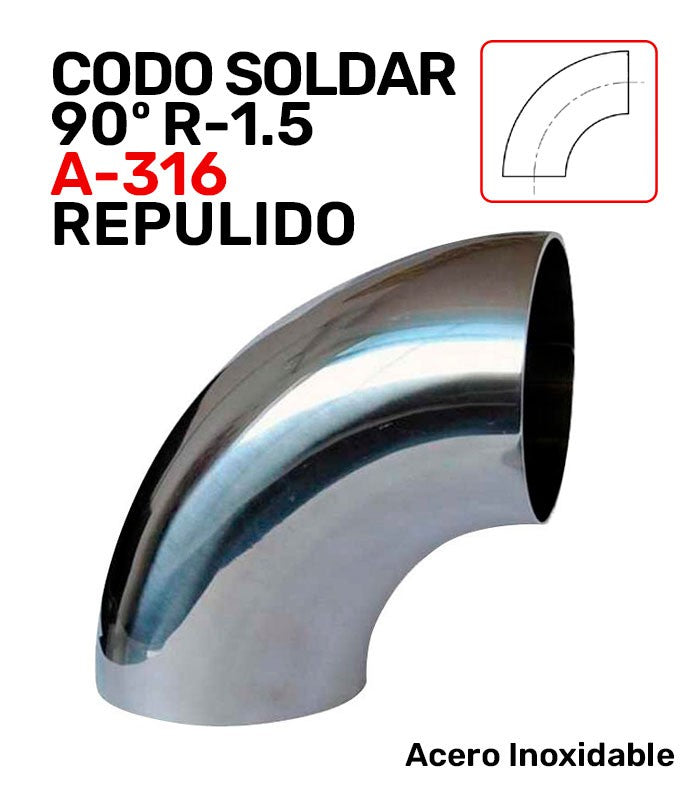 Codo Acero Inoxidable Pulido A-316 90º Soldar R-1.5 Serie Milimétrica