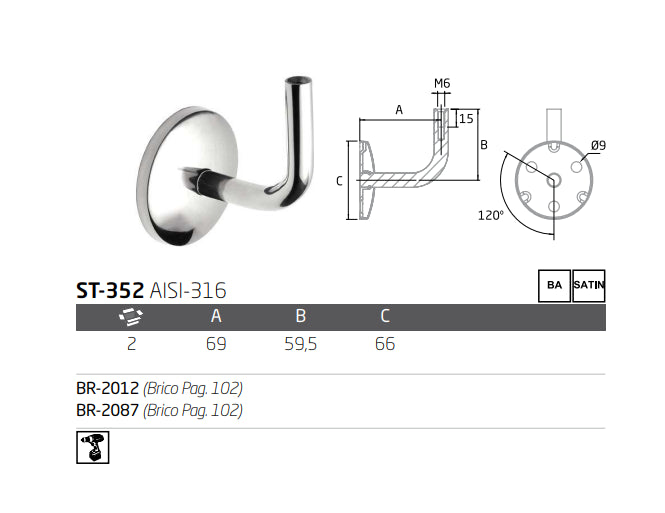 Soporte pasamanos pared-plano ST-352 A-316 BA