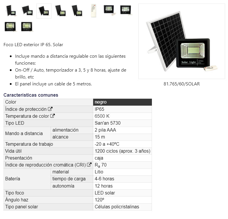 FOCO SOLAR LED C/MANDO A DISTANCIA 60W 1375Lm