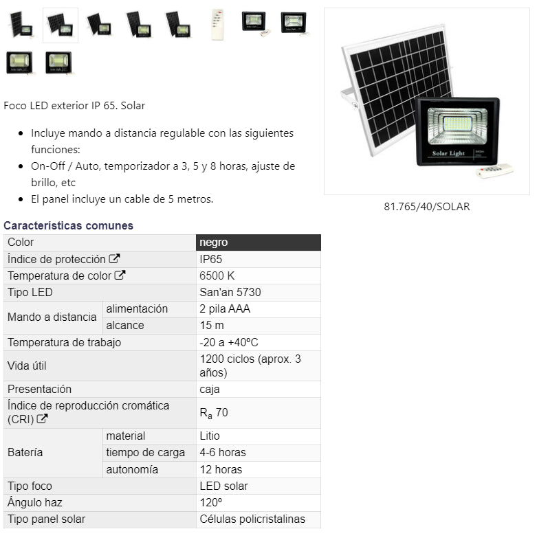 FOCO SOLAR LED C/MANDO A DISTANCIA 40W 840Lm