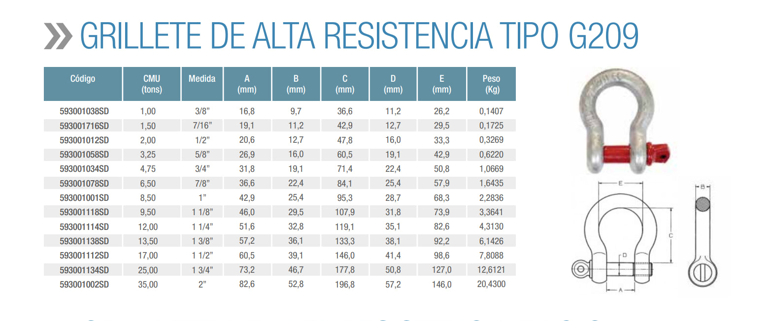 GRILLETE LIRA ALTA RESISTENCIA G209 1/2" 2 TM