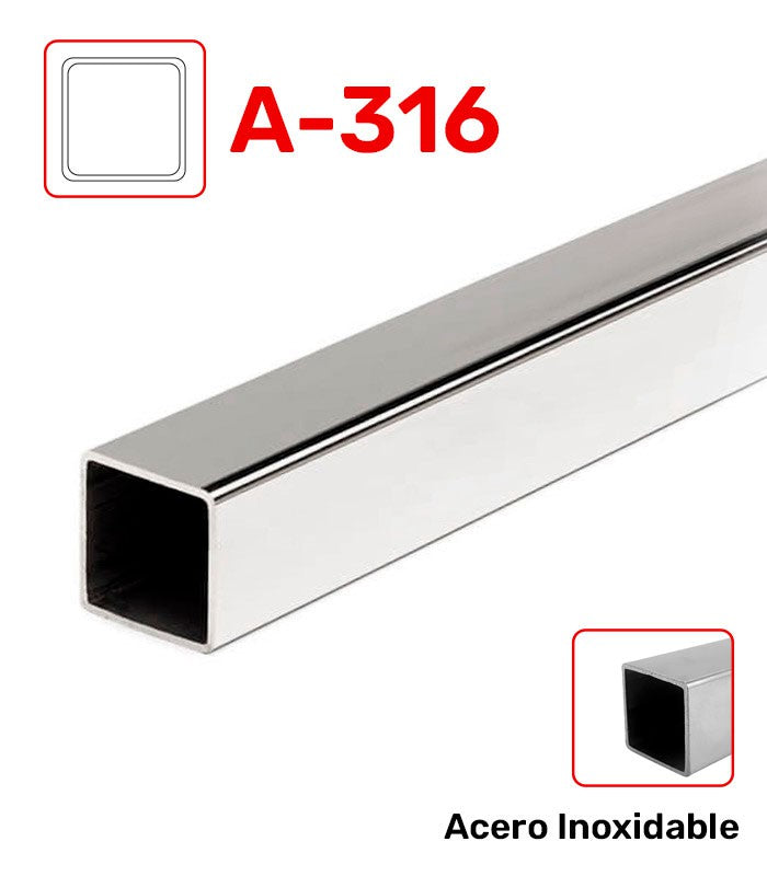 Tubo Cuadrado en Acero inoxidable A-316 Alto Brillo