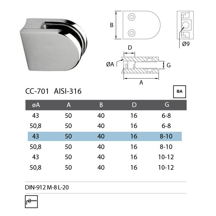 Pinza base curva CC-701 A-316 BA 43 (8/10)