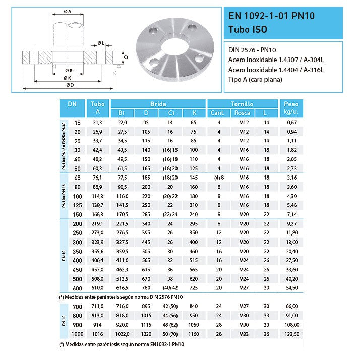 BRIDA PLANA EN1092-1 TIPO 01/A PN10/40 1.4307 (A-304) ISO