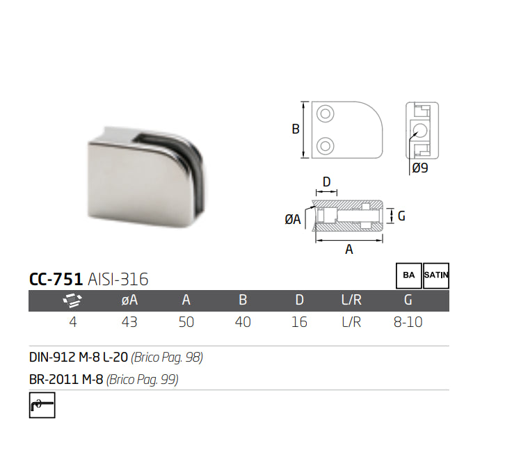Pinza Cuadrada Base Curva Derechas CC-751 R A-316 BA D-50.8 (8/10)