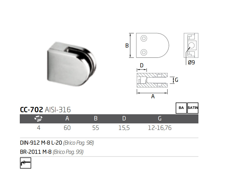 Pinza Base Plana CC-702 A-316 BA (12-16,76)
