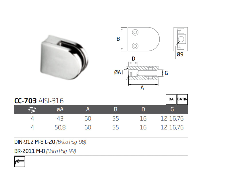 Pinza base curva CC-703 A-316 BA 43 (12/16)