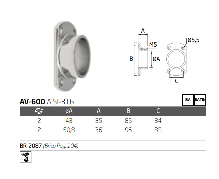 Soporte anclaje rectangular tubo AV-600 A-316 BA 43