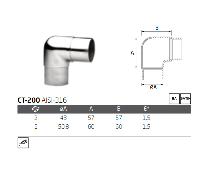 Codo conector 90º CT-200 A-316 BA 43