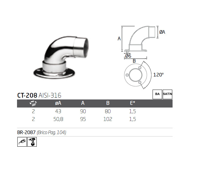 Codo anclaje 90º con placa CT-208 A-316 BA 50,8