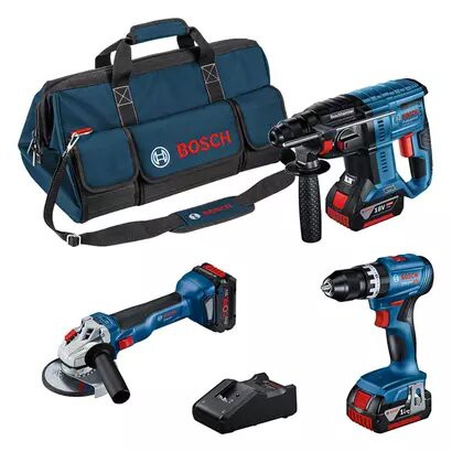 Combo Bosch de Amoladora GWS 18V-10, Taladro GSB 18V-45 y Martillo GBH 18V-21