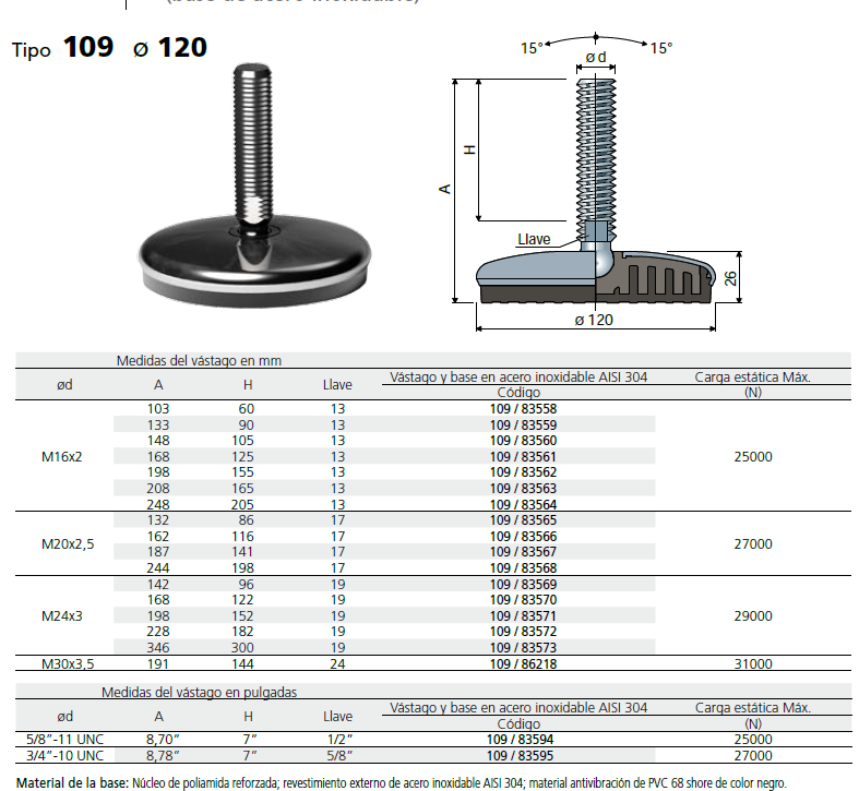 Pie Inox D120 M16X168 Inox L010983561