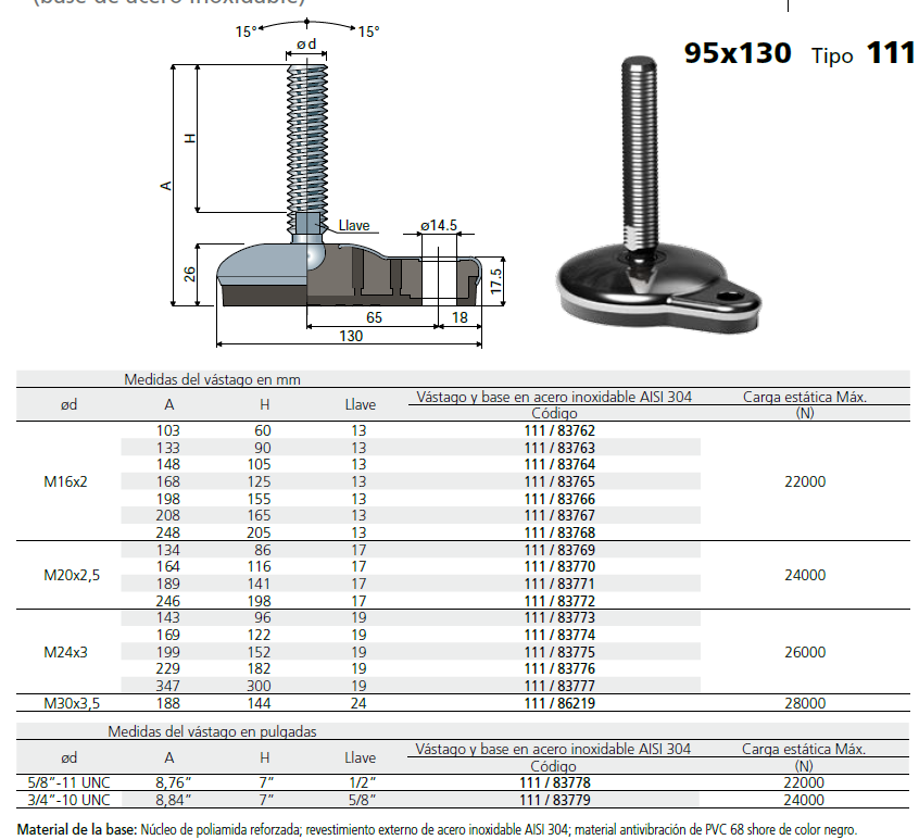 Pie Inox D95X130 M16X168 Inox L011183764