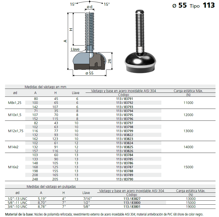 Pie Inox D55 M8X80 Inox L011383791