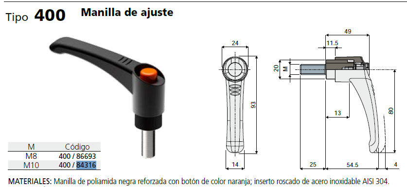 Maneta L=80 M10X25 SS Negro C040084316