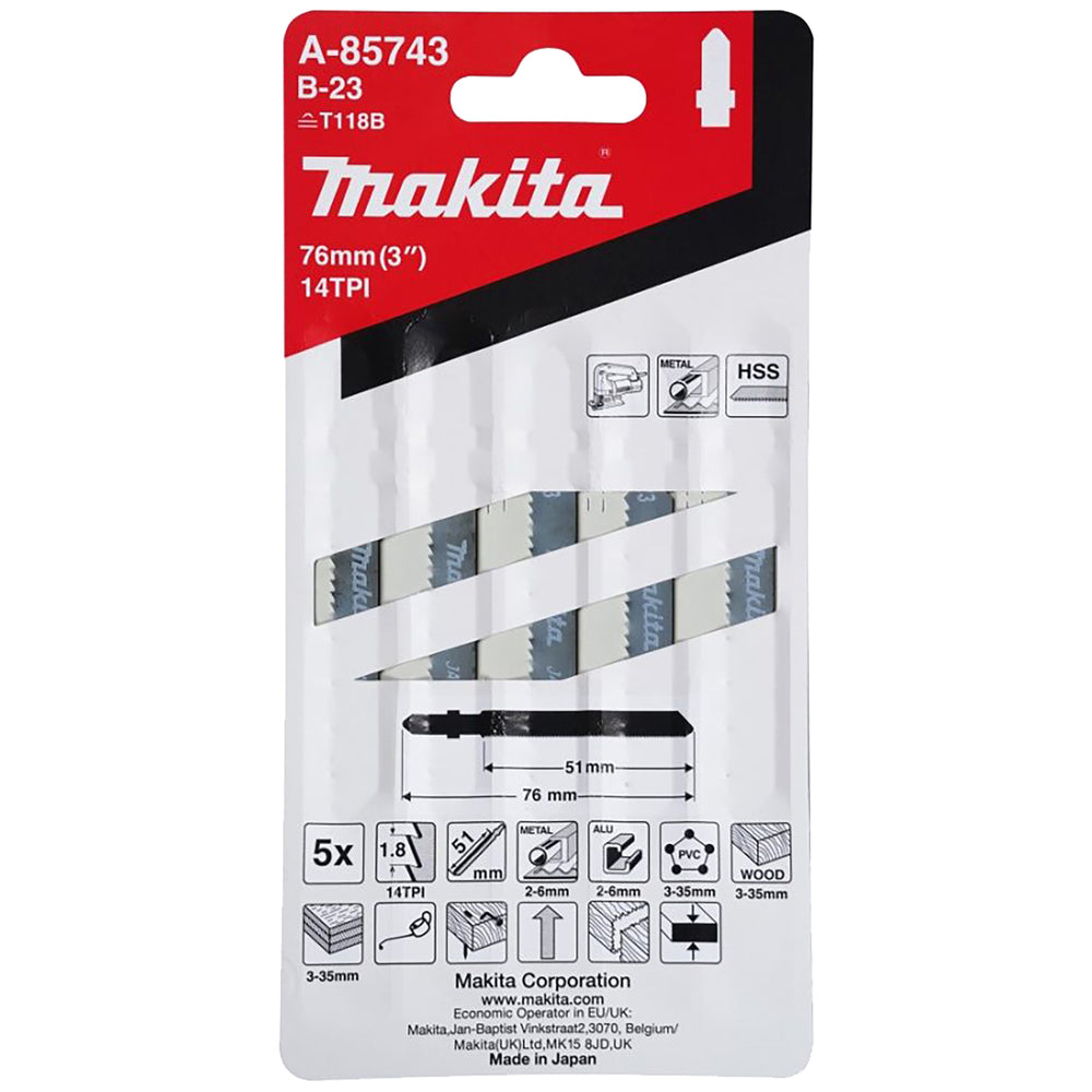 Pack 5 hojas de sierra de calar Makita para metal B23 A-85743