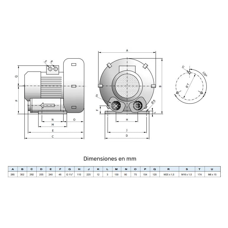 Soplante de canal lateral AIRTECH ASC0140-1MT131-6 1,3KW 2/3
