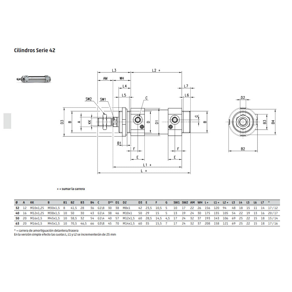 Cilindro magnético doble efecto Camozzi Serie 42 Ø63mm