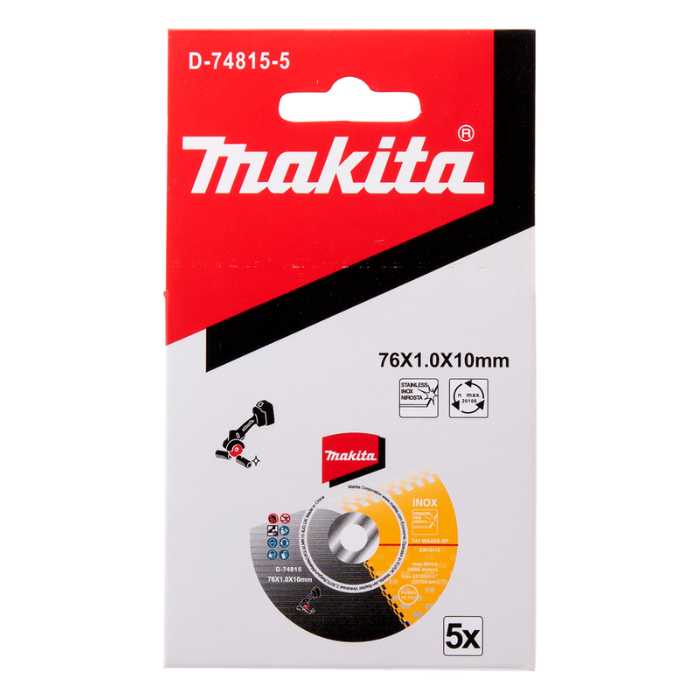 Pack 5 Discos de Corte Inox Makita Ø 76×10×1,0 mm