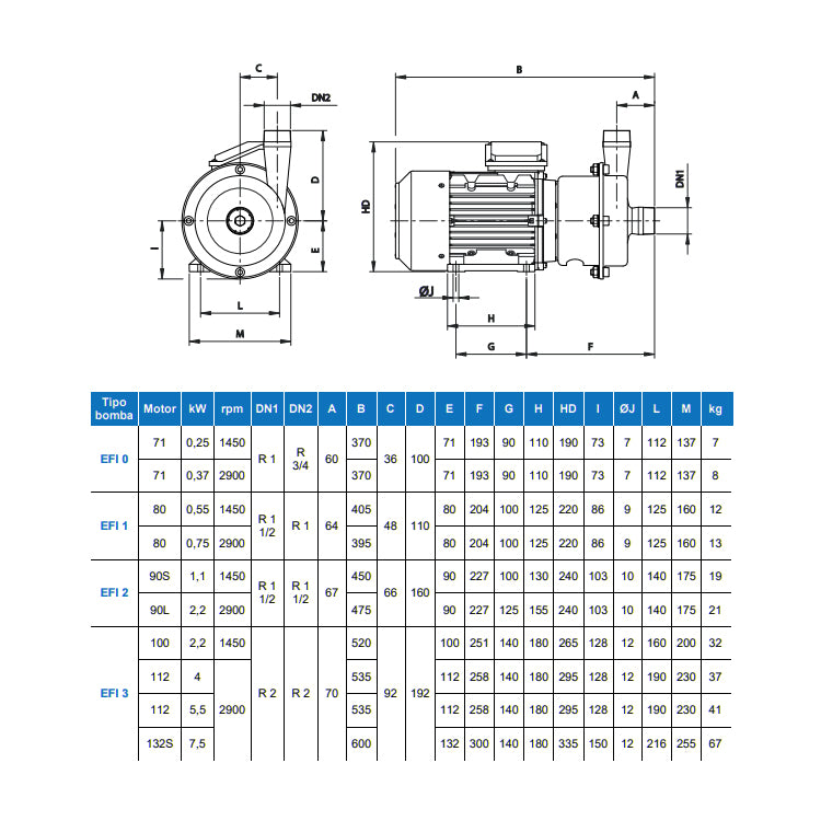 Bomba centrífuga Estampinox EFI 1 | D.98 IE3 0,75KW 2P 2/3