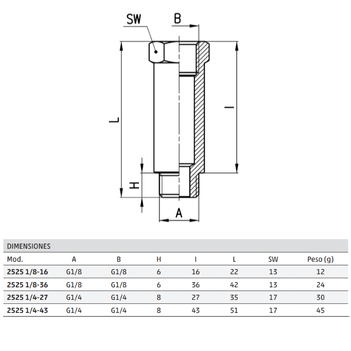 Racord Extensión macho BSP Latón Niquelado 2525 1/4-27