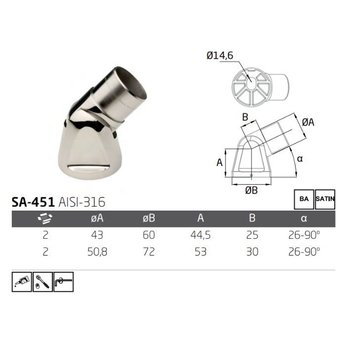 Soporte Regulable Comenza SA-451 A-316 Satinado Ø43